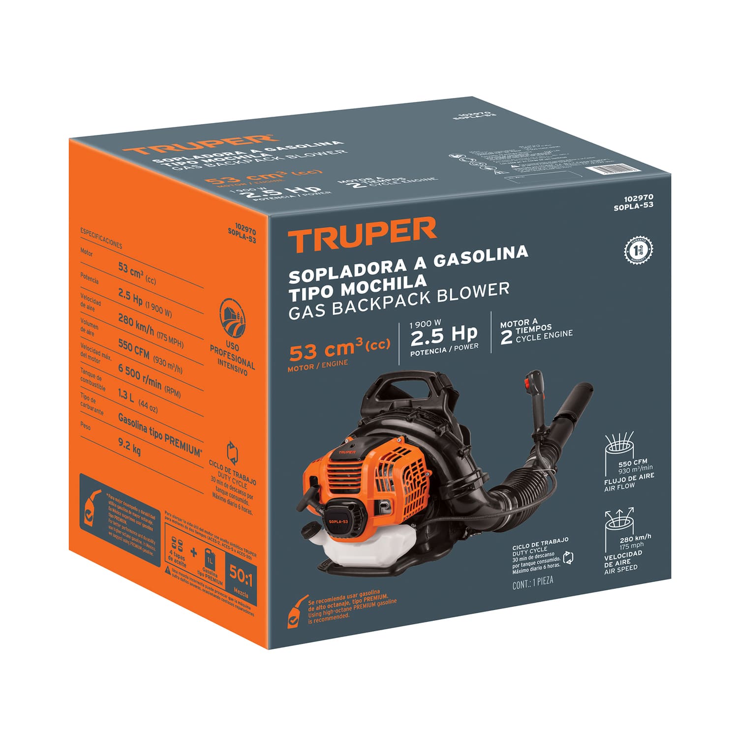SOPLADORA CON MOTOR DE 53CC A GASOLINA TIPO MOCHILA TRUPER - 6