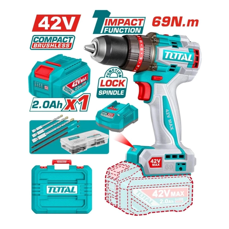 TALADRO PERCUTOR 69NM + 1 BATERÍA Y CARGADOR 42V TOTAL - 2