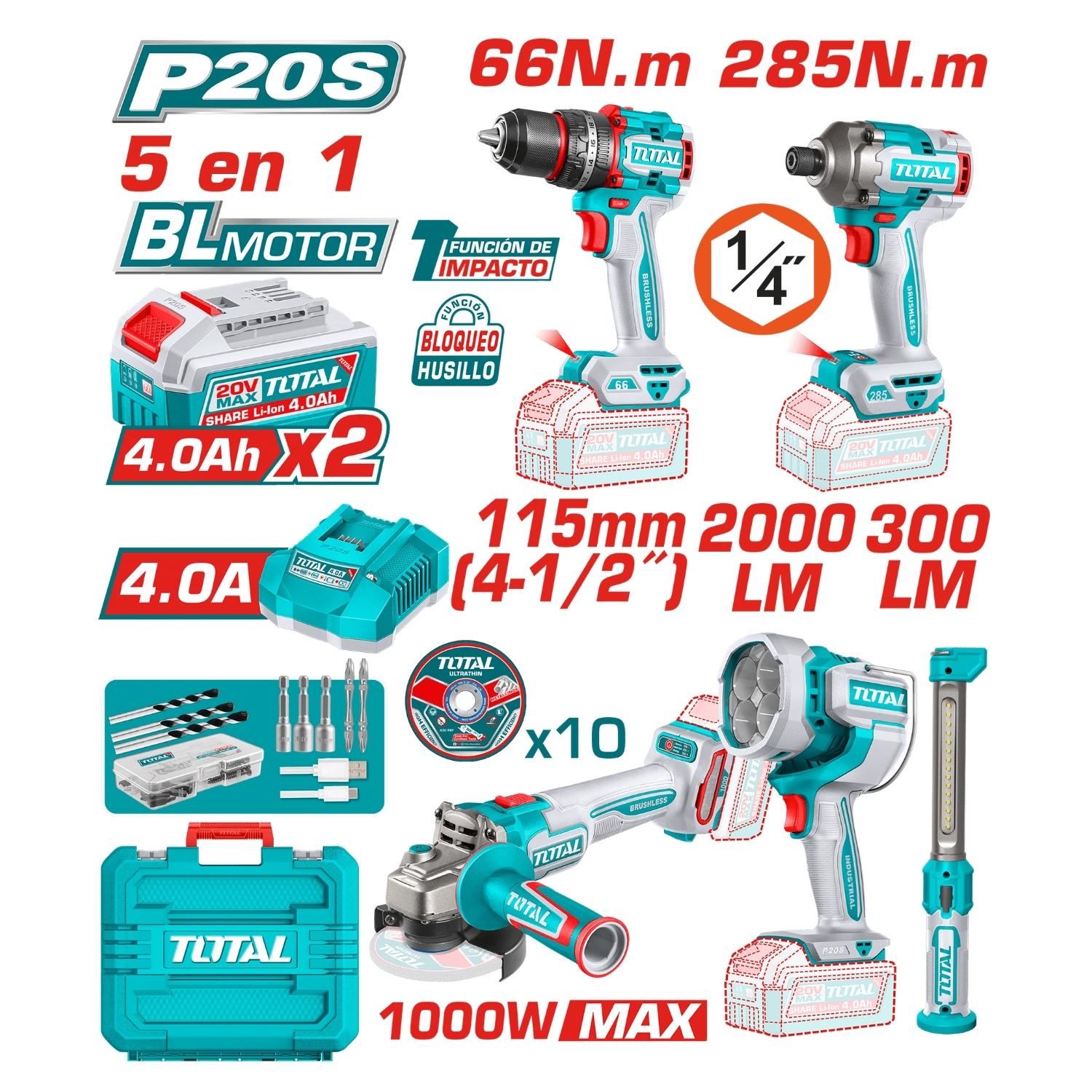 COMBO 5 EN 1 TALADRO 66NM + ATORNILLADOR DE IMPACTO 285NM + AMOLADORA + 2 LINTERNAS 20V TOTAL - 2