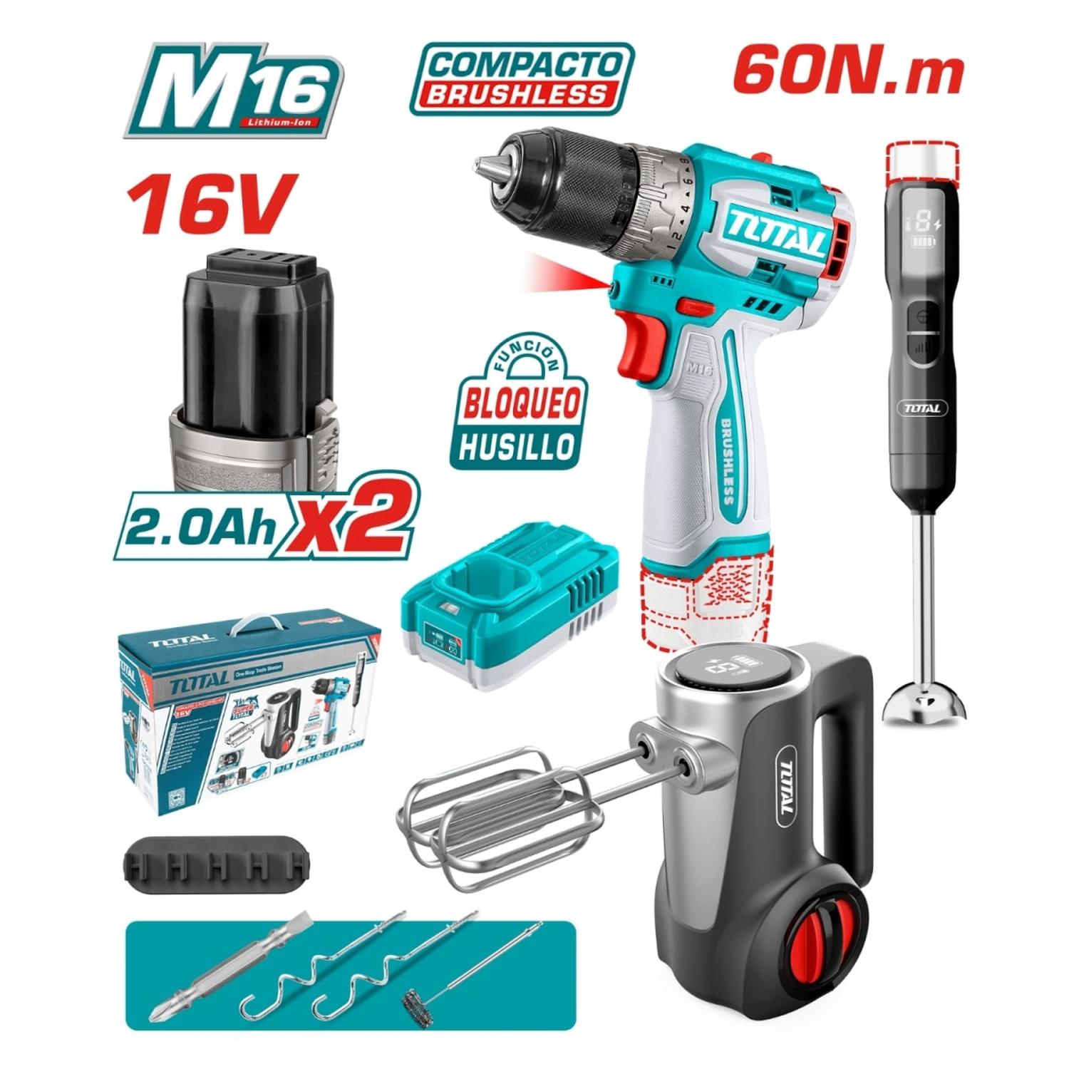 COMBO 3 EN 1 TALADRO ATORNILLADOR 60NM + BATIDORAS 16V TOTAL - 5