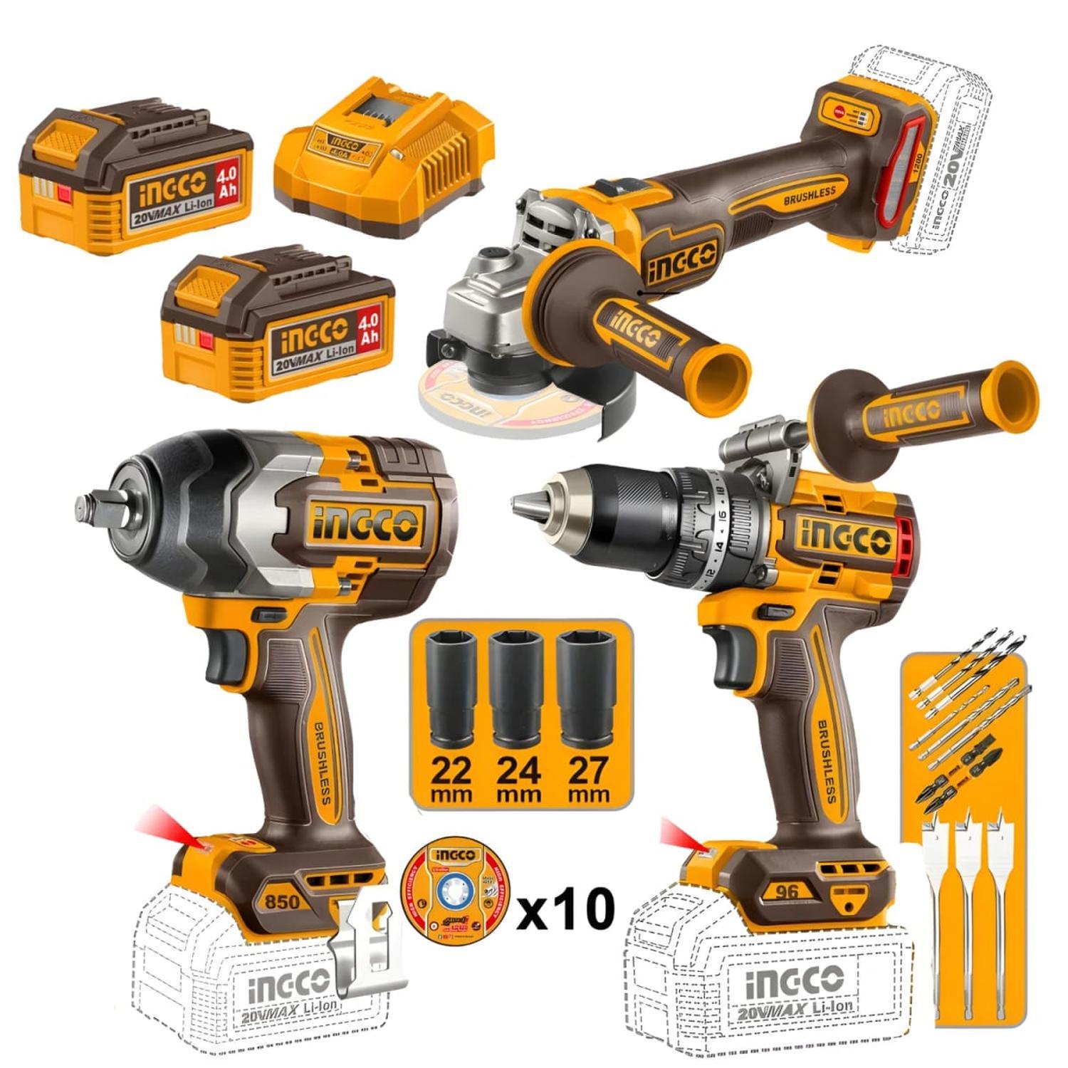 TALADRO PERCUTOR 96NM + LLAVE DE IMPACTO 850NM + AMOLADORA 20V INGCO - 1