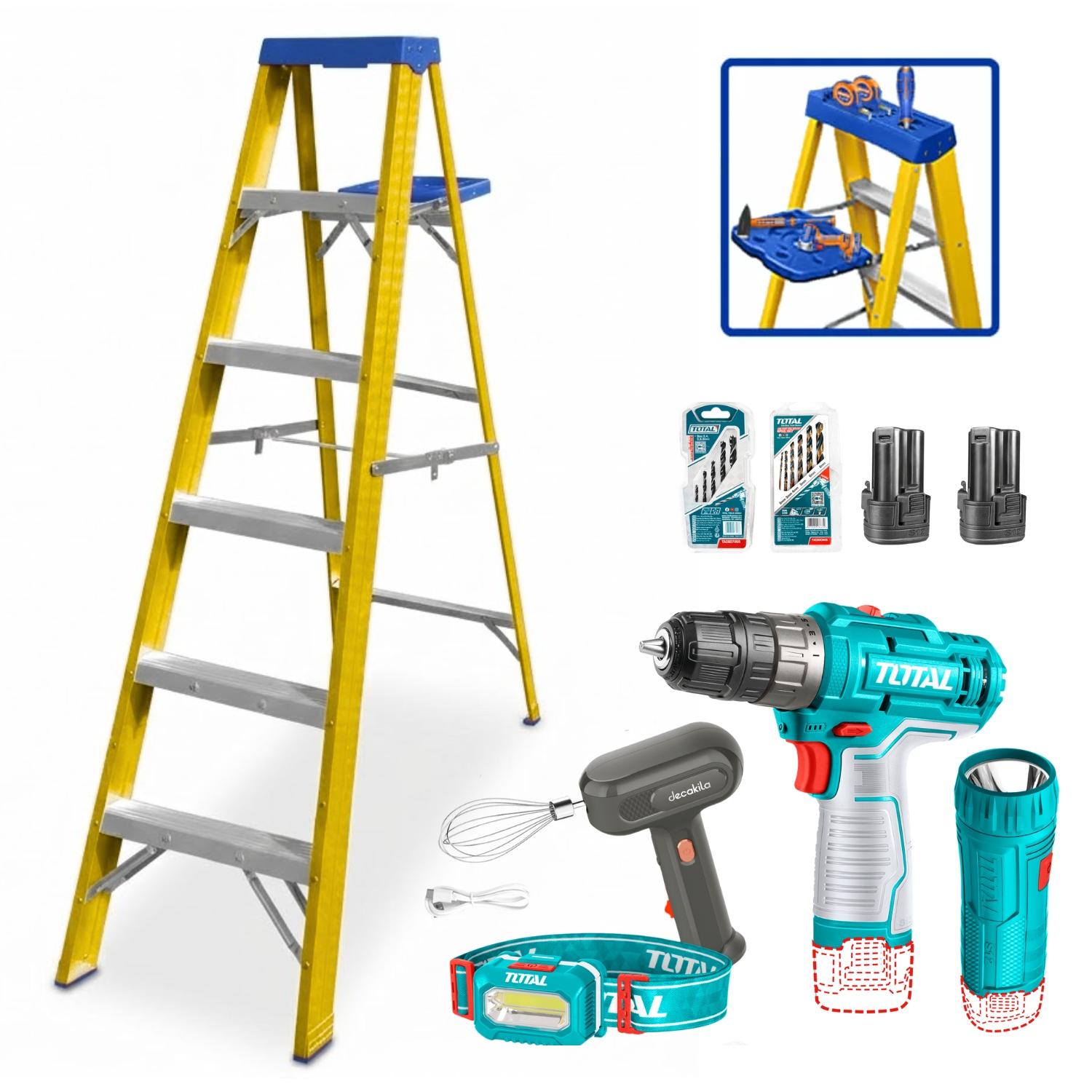 ESCALERA FIBRA DE VIDRIO 5 PASOS WADFOW + TALADRO Y LINTERNA TOTAL - 1