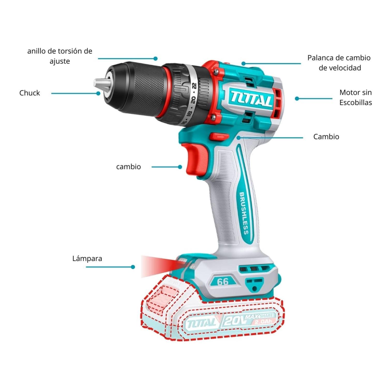 TALADRO ATORNILLADOR 66NM + 2 BAT 2AH 20V + ACCESORIOS TOTAL - 5