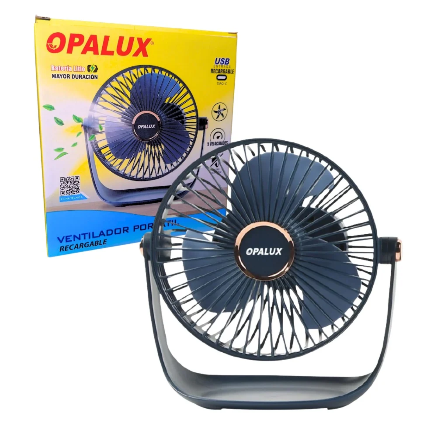 VENTILADOR PORTATIL RECARGABLE 5 VELOCIDADES AZUL OPALUX - 4
