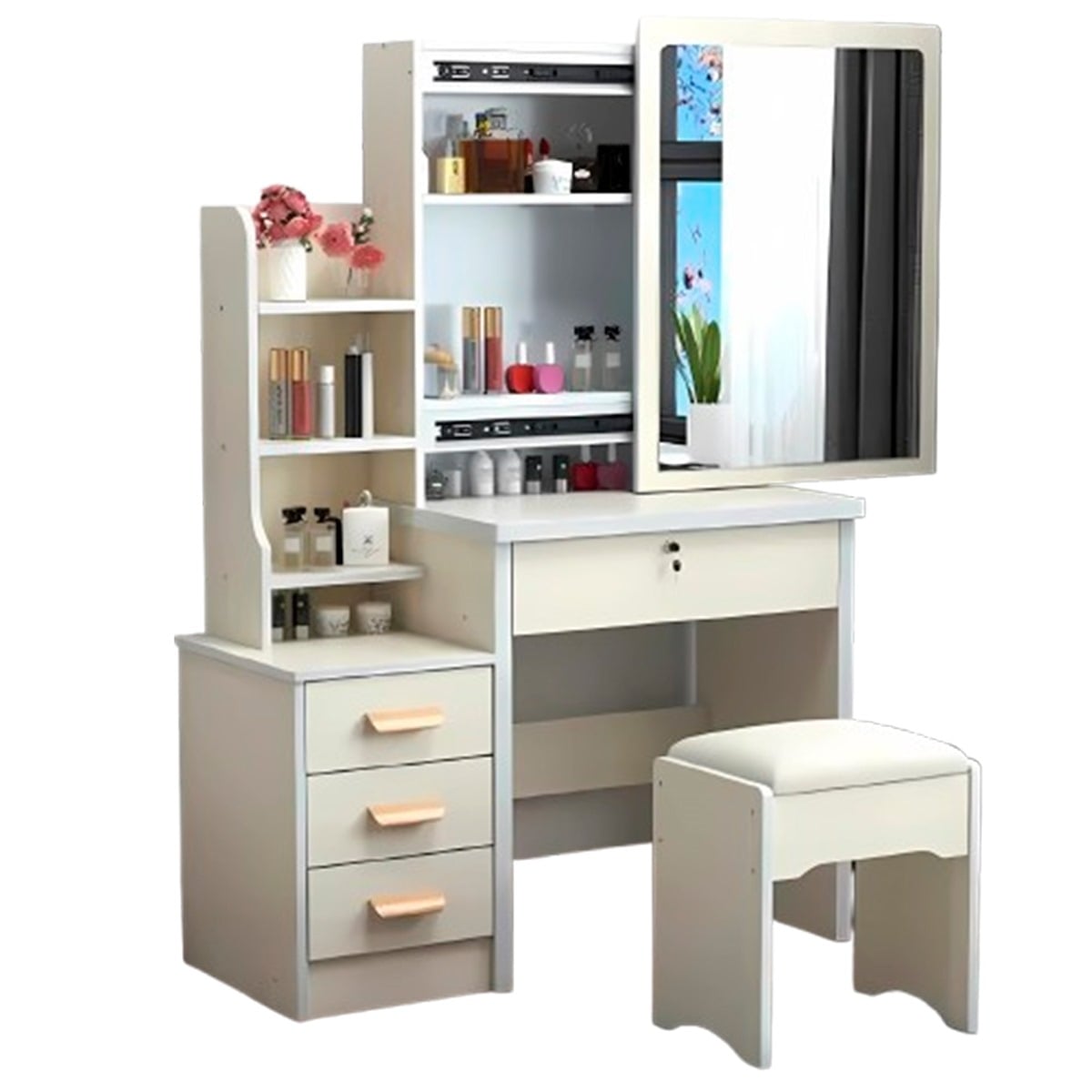 TOCADOR DE MAQUILLAJE DE 4 CAJONES CON SILLÓN PREMIUM - 1