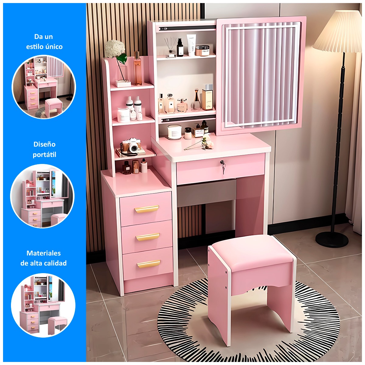 TOCADOR DE MAQUILLAJE DE 4 CAJONES CON SILLÓN PREMIUM - 2