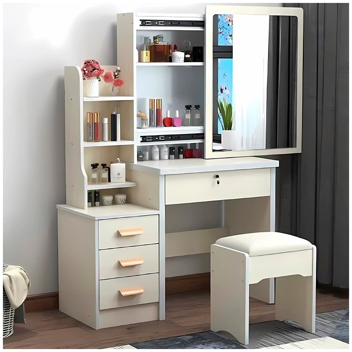 TOCADOR DE MAQUILLAJE DE 4 CAJONES CON SILLÓN PREMIUM - 3