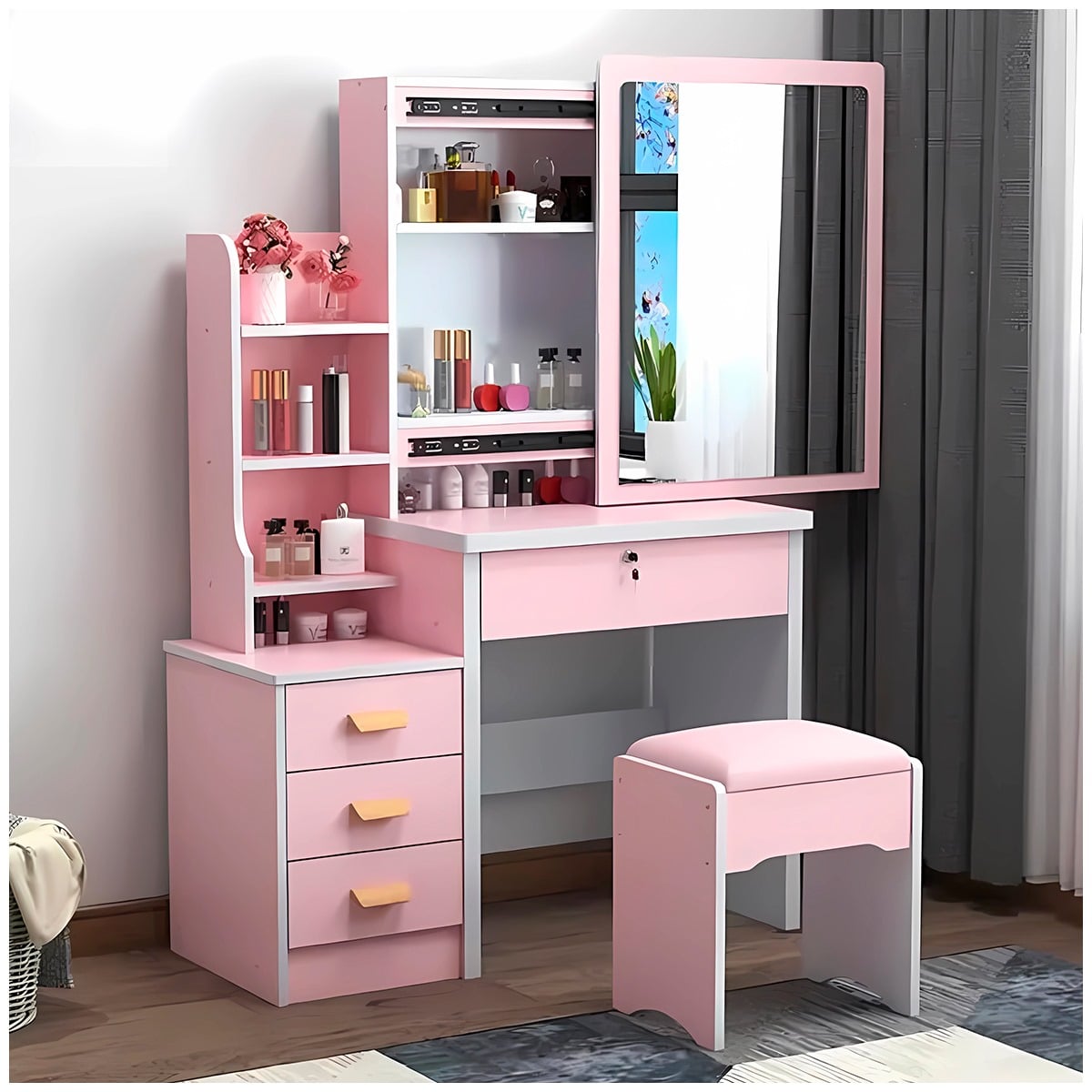 TOCADOR DE MAQUILLAJE DE 4 CAJONES CON SILLÓN PREMIUM - 3