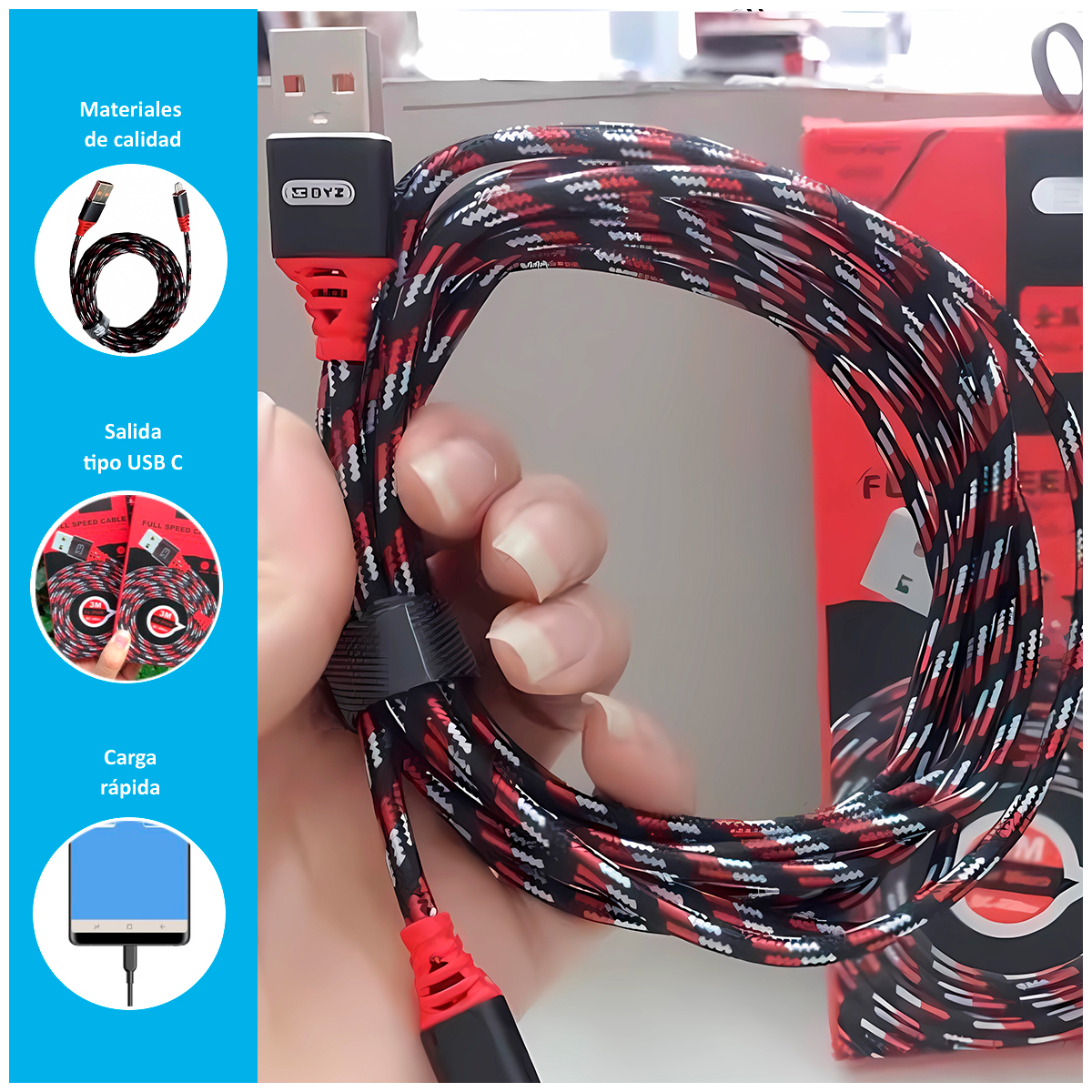 CABLE CARGA RÁPIDA BC-090T CON ENTRADA USB-C DE 3M - 2