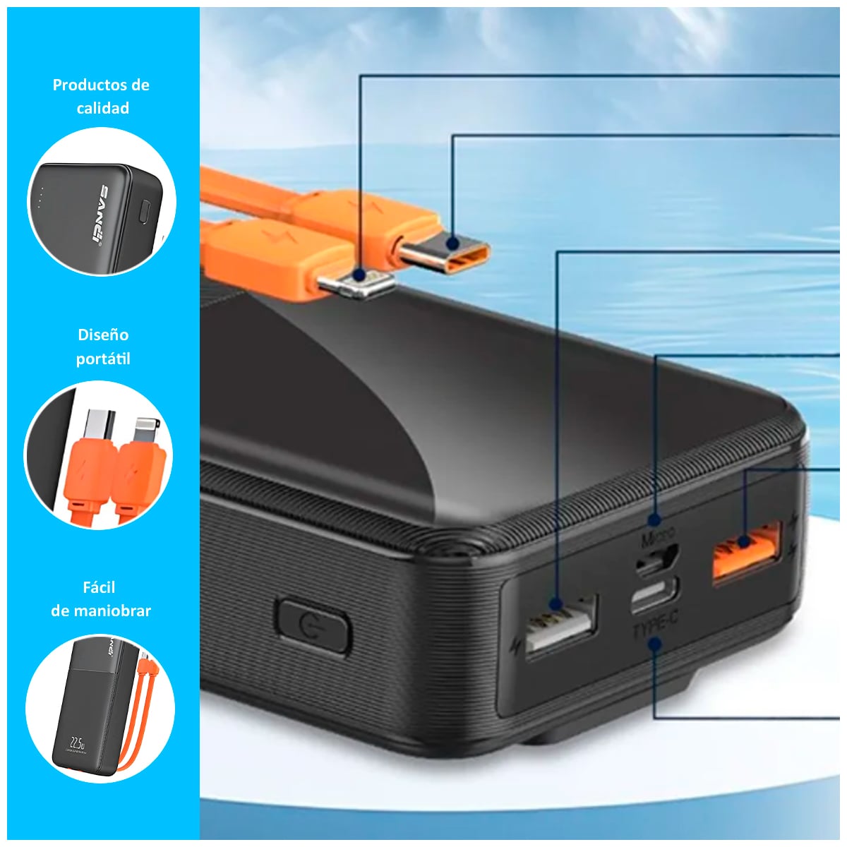 POWER BANK 40000 MAH CARGA RÁPIDA CON CABLES INTEGRADOS - 2