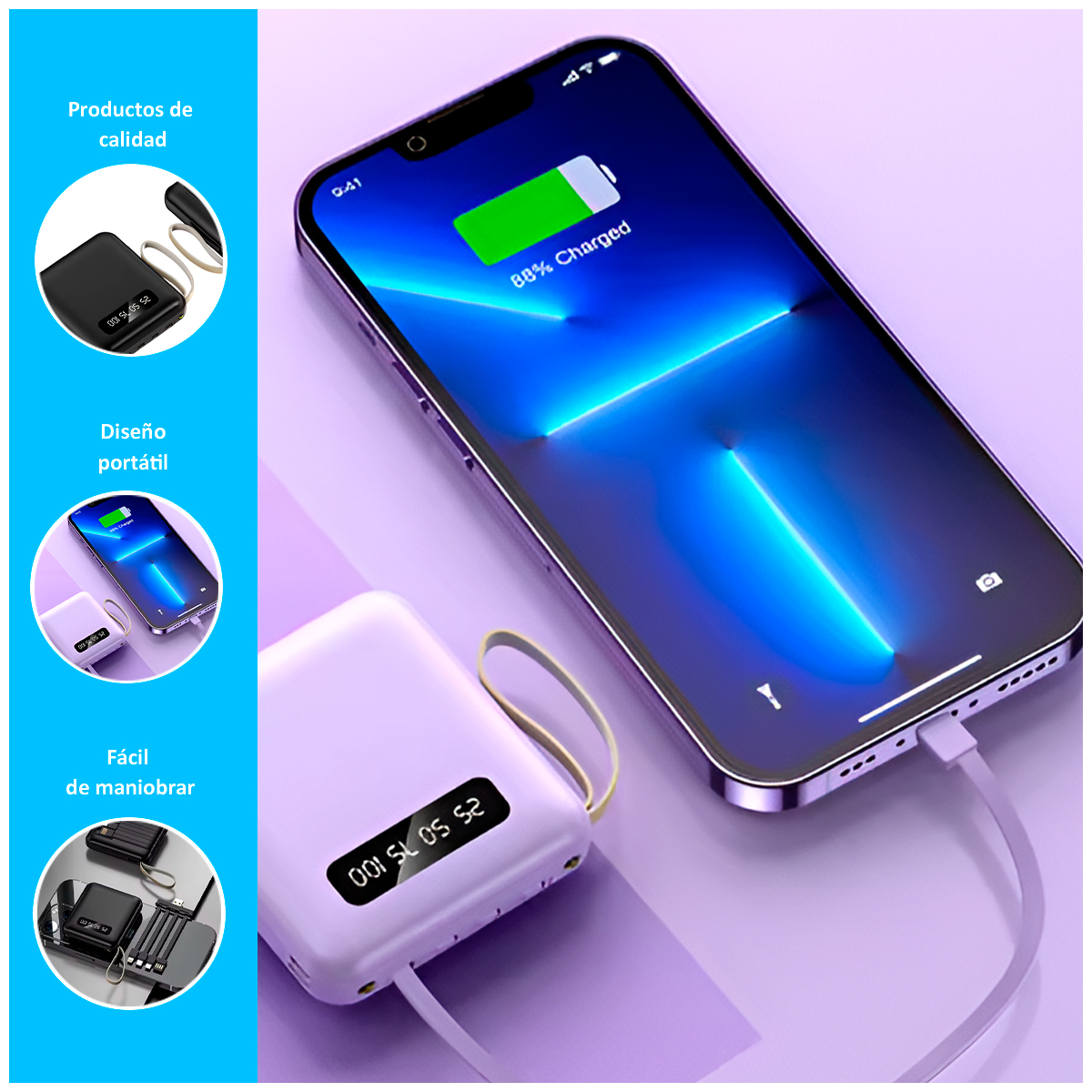 MINI POWER BANK BATERÍA PORTÁTIL CON LINTERNA 10000MAH 4 CABLES - 2