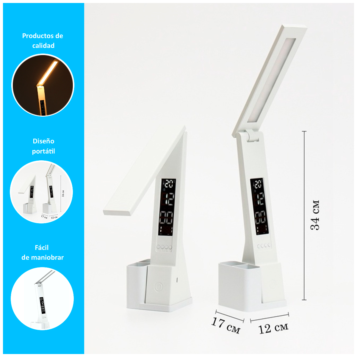 LÁMPARA LED PLEGABLE CON RELOJ Y PORTALAPICEROS - 2