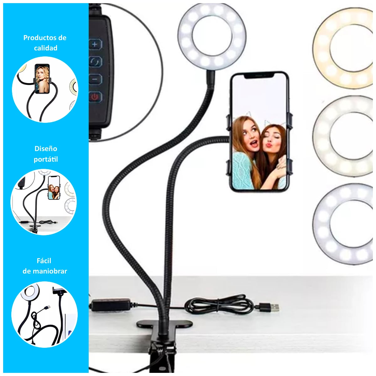 ARO DE LUZ LED PARA MESA CON SOPORTE PARA CELULAR - 2