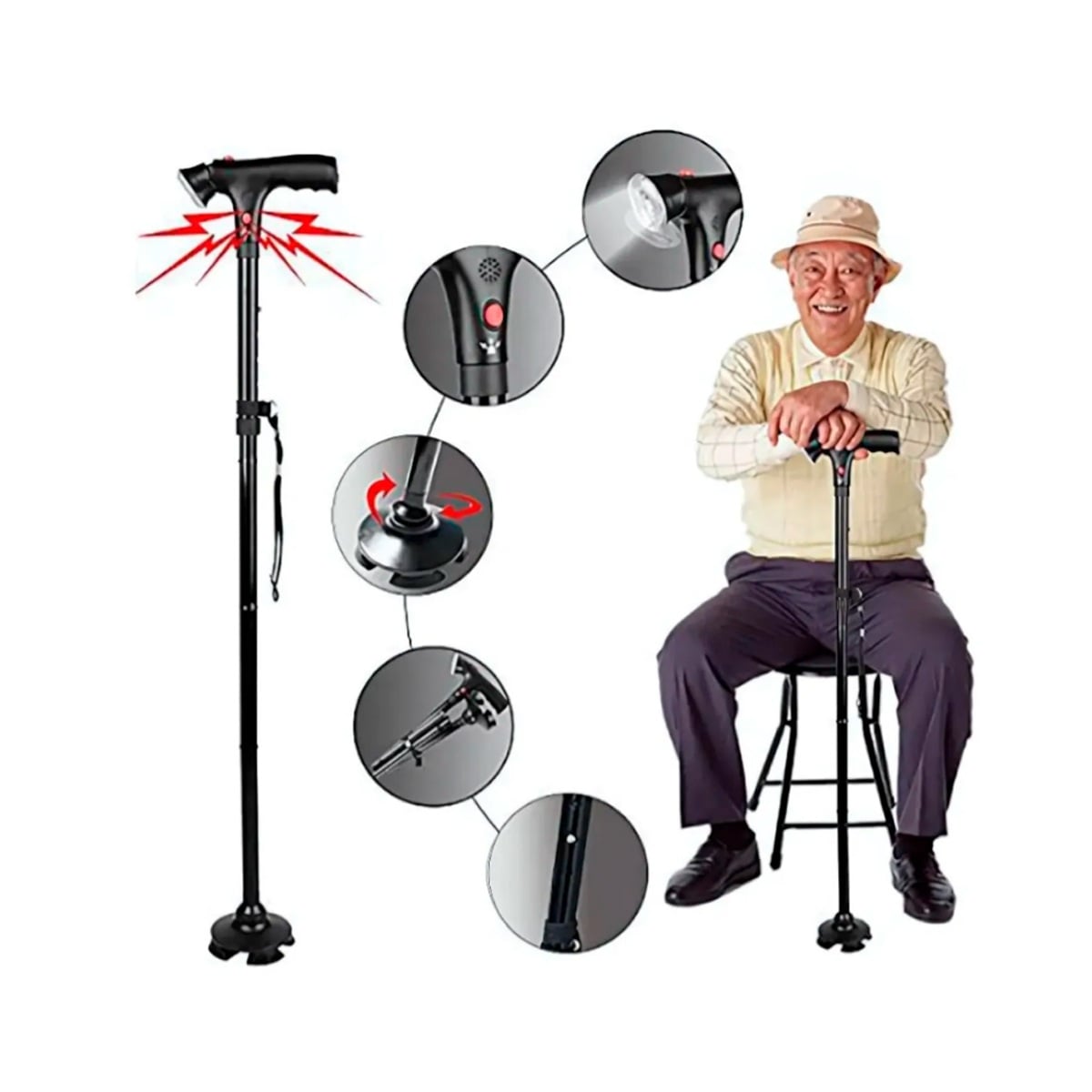 BASTÓN PLEGABLE AJUSTABLE CON 5 NIVELES DE ALTURA Y LINTERNA - 1