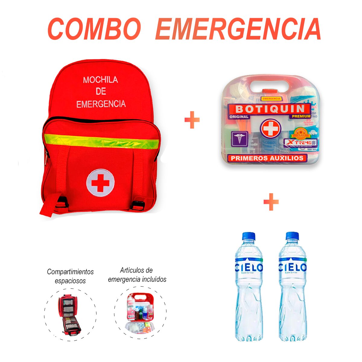 MOCHILA DE EMERGENCIA CON BOTIQUÍN Y 2 BOTELLAS DE AGUA 500 ML - 1