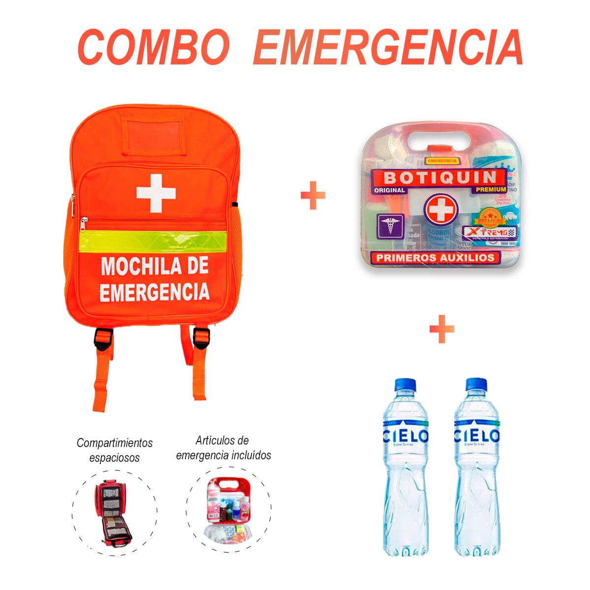 MOCHILA DE EMERGENCIA CON BOTIQUÍN Y 2 BOTELLAS DE AGUA 500 ML - 1