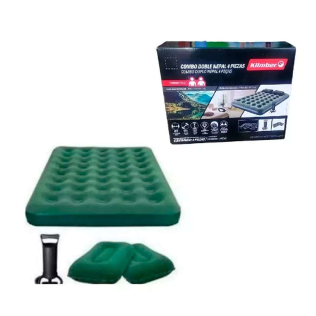 COLCHON INFLABLE 2 PLAZAS + INFLADOR + 2 ALMOHADAS - 1