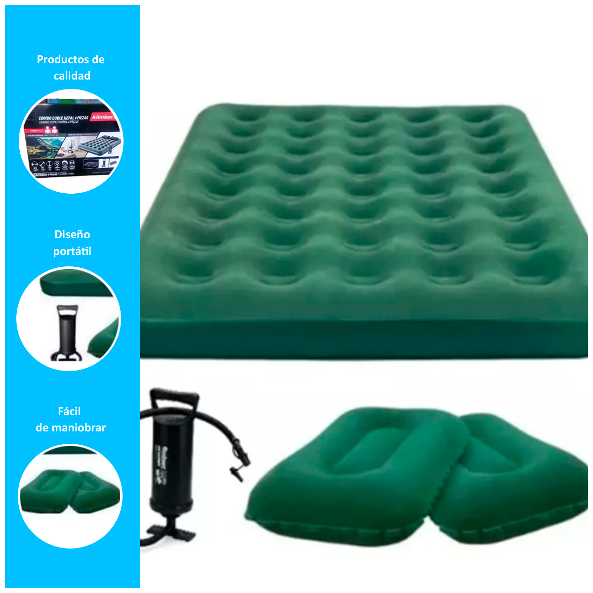 COLCHON INFLABLE 2 PLAZAS + INFLADOR + 2 ALMOHADAS - 2