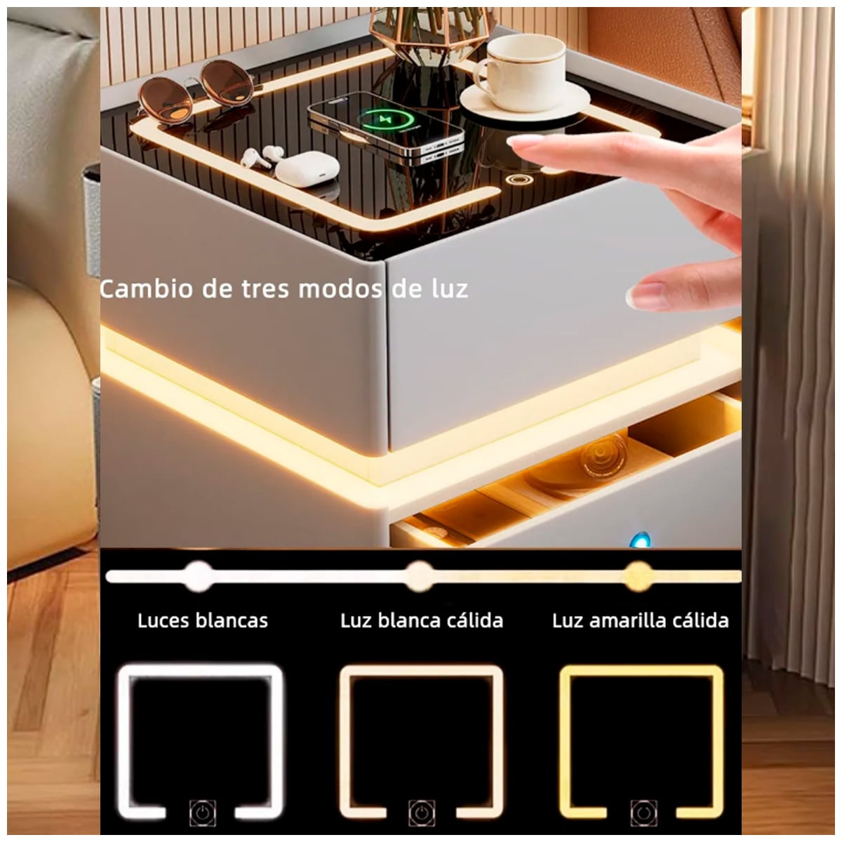MESA DE NOCHE INTELIGENTE MULTIFUNCIÓN FLOTANTE CON 3 CAJONES - 3