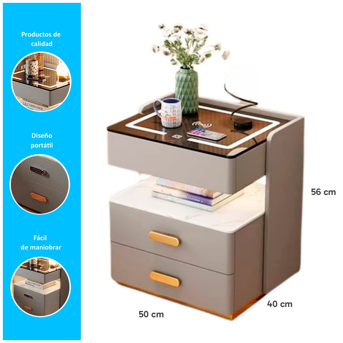 MESA DE NOCHE SMART MODERNA DE 2 CAJONES CON CARGA INALÁMBRICA - 2