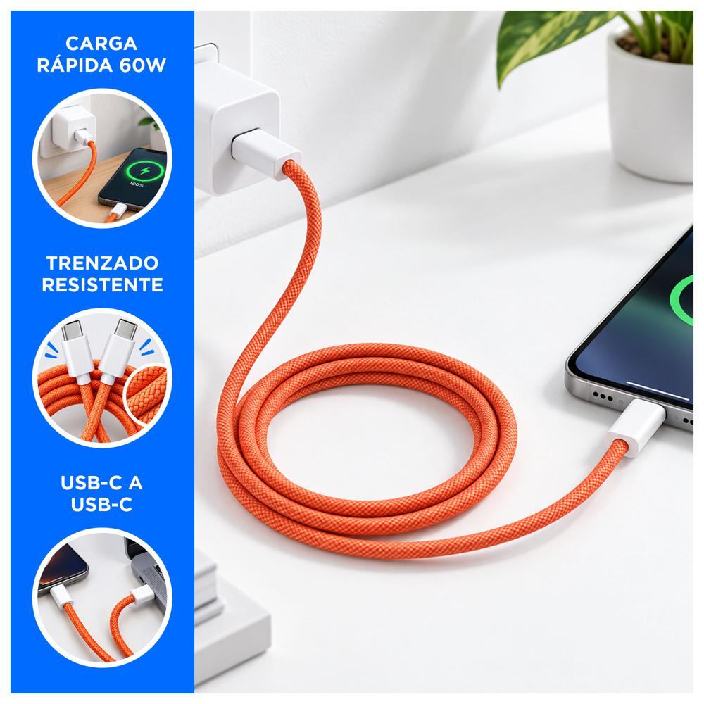 CABLE USB-C A USB-C TRENZADO 60W DE 1M - 2