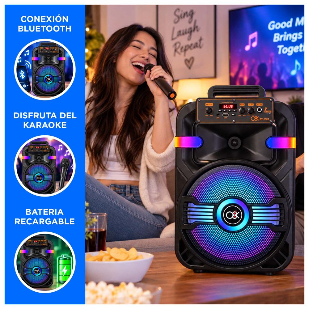 PARLANTE PORTÁTIL KARAOKE BLUETOOTH DE 10 PULG CON MICRÓFONO, LUCES LED Y CONTROL REMOTO - 2