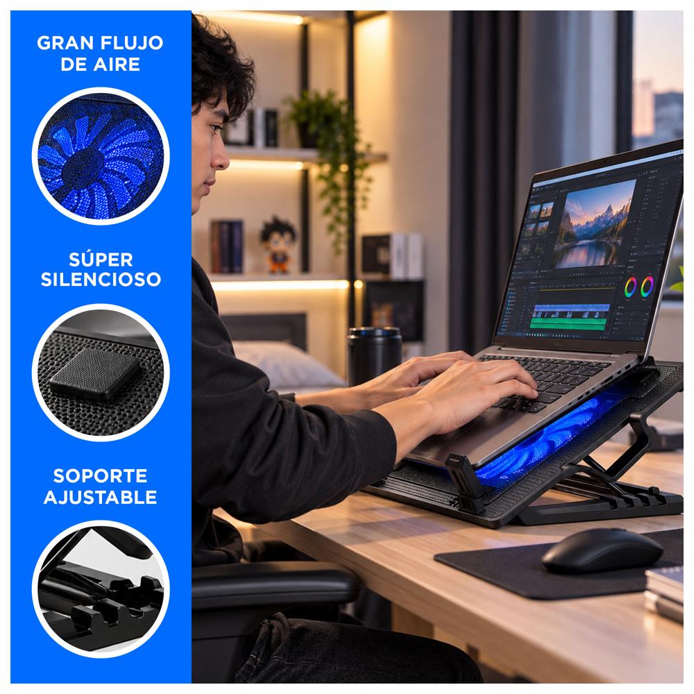 COOLER PARA LAPTOP HASTA 17 PULGADAS CON VENTILADOR LED Y SOPORTE AJUSTABLE - 2
