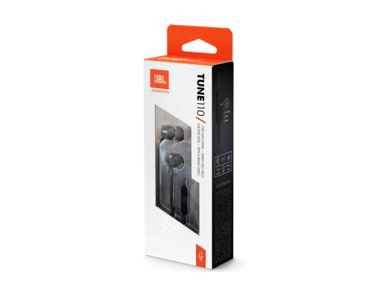AUDÍFONOS JBL IN-EAR TUNE 110 PURE BASS CON MICRÓFONO INCORPORADO Y CONECTOR 3.5MM COLOR NEGRO - 1