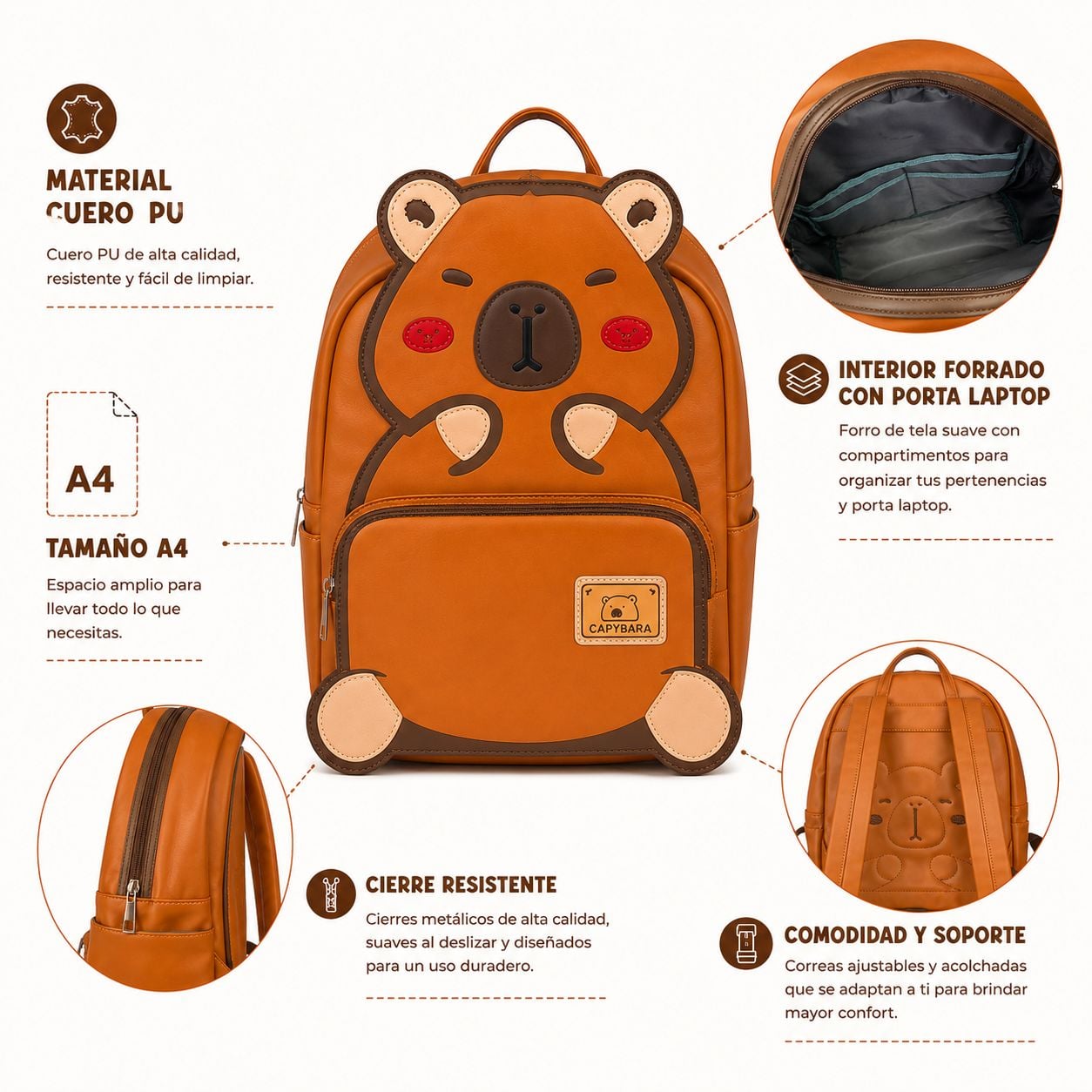 MOCHILA CAPIBARA CUERO PU TAMAÑO A4 - 3