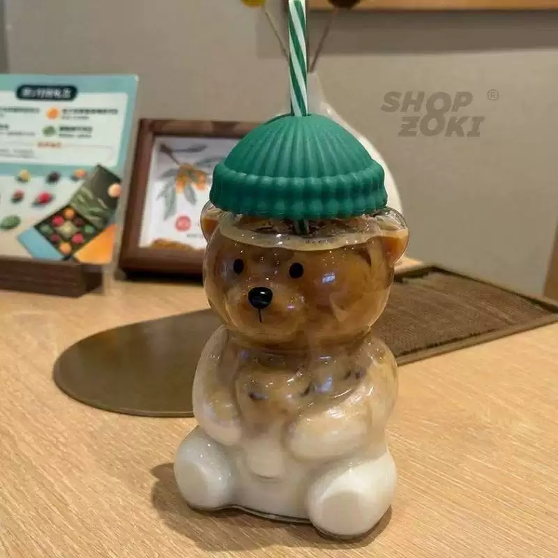 TOMATODO OSITO KAWAII VIDRIO BOROSILICATO 600 ML CON SORBETE - 3