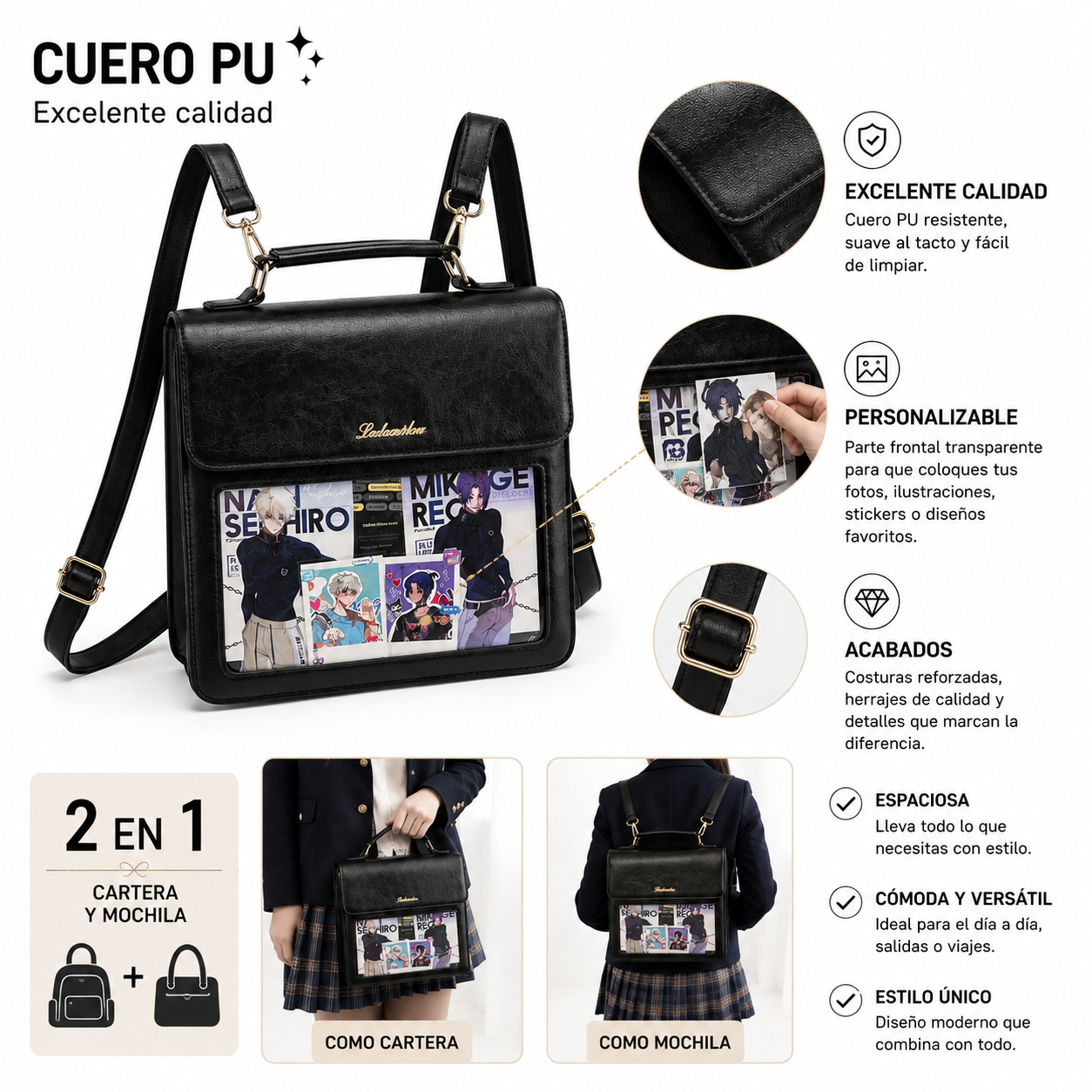 MOCHILA CARTERA ITA BAG 2 EN 1 PERSONALIZABLE DE CUERO PU CON PANEL TRANSPARENTE - 2
