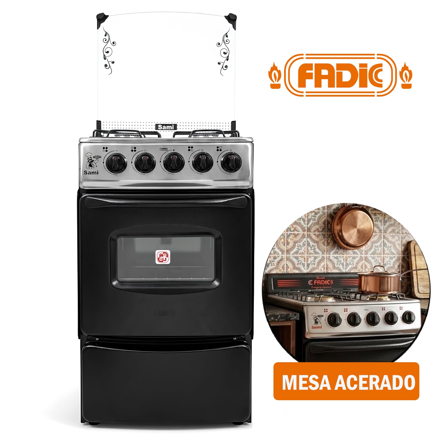 COCINA CON TAPA DE VIDRIO Y HORNO SAMI 4H NEGRO - 1