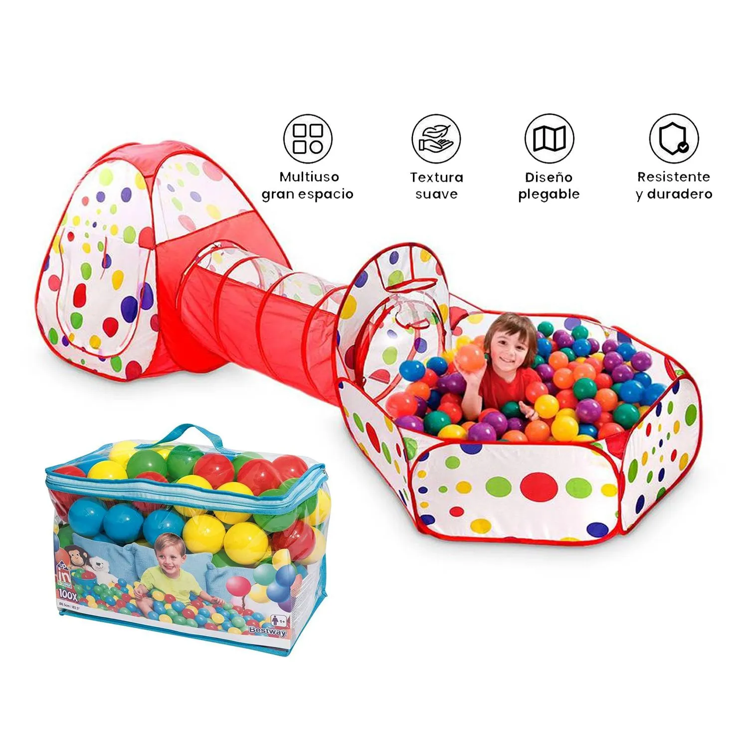 PISCINA DE PELOTAS TÚNEL NIÑOS PORTÁTIL 3 EN 1 + 100 PELOTAS ROJO - 1