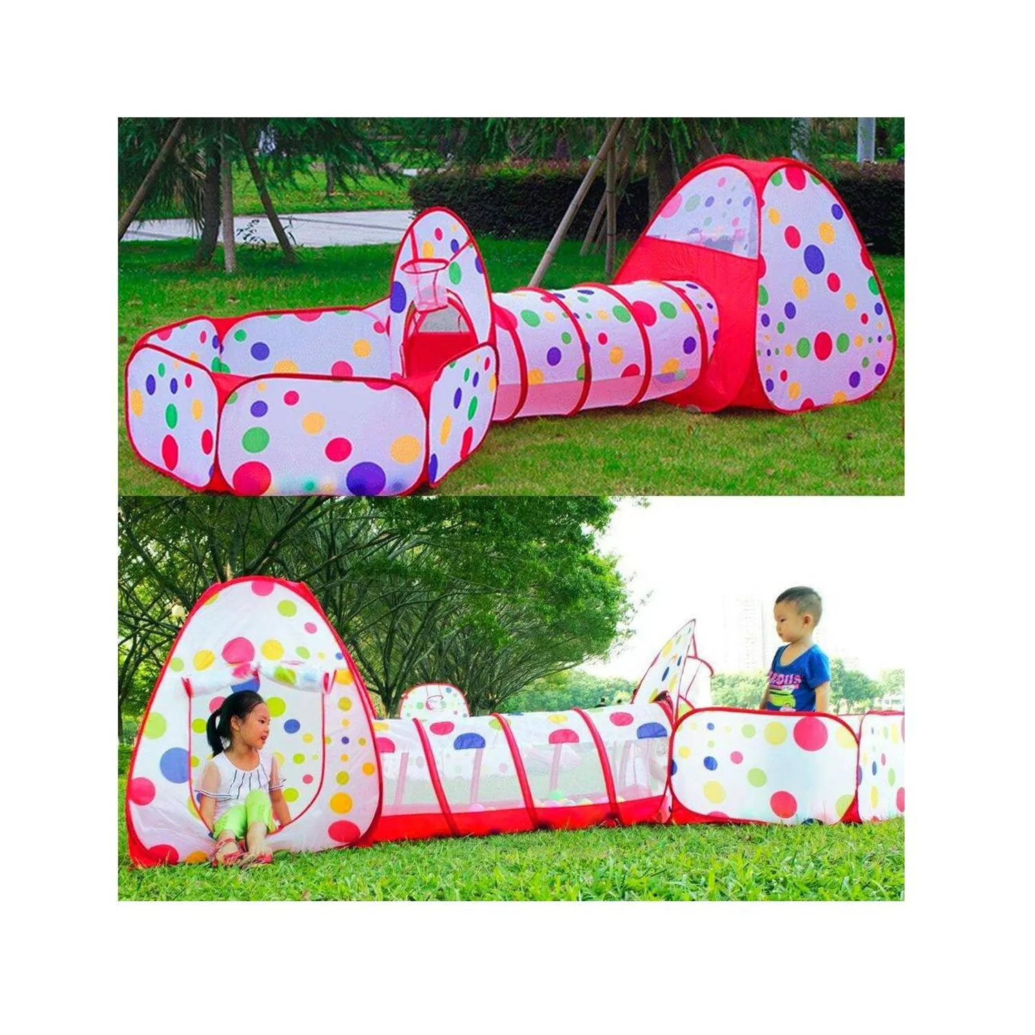 PISCINA DE PELOTAS TÚNEL NIÑOS PORTÁTIL 3 EN 1 + 100 PELOTAS ROJO - 3