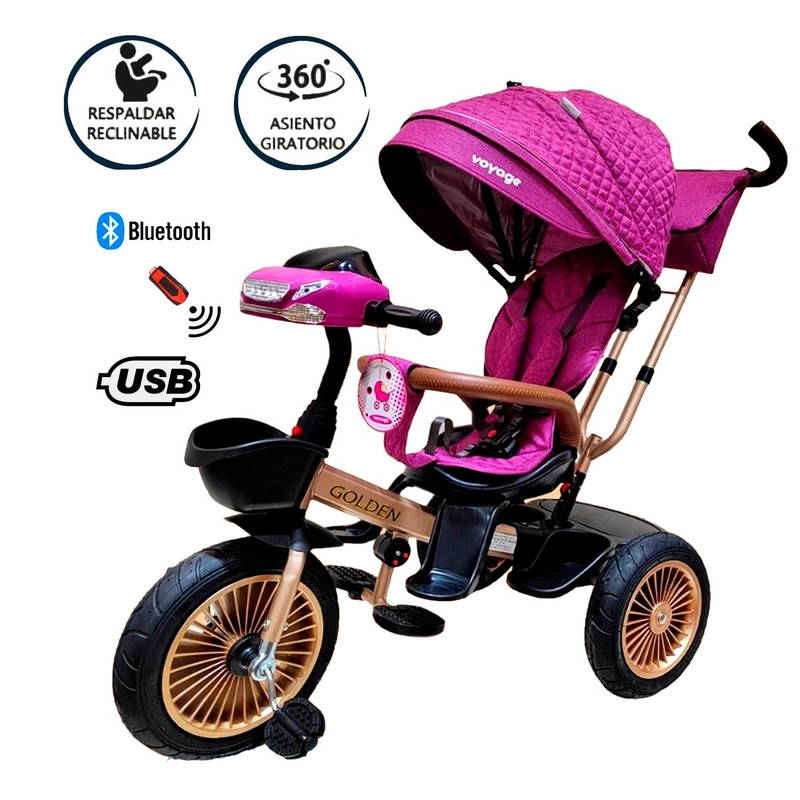 TRICICLO ASIENTO GIRATORIO VOYAGE GOLDEN CON TELA UV FUCSIA - 1