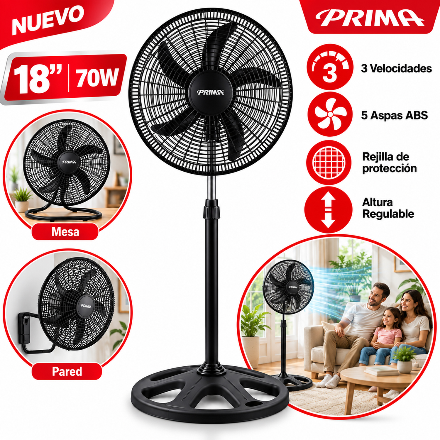 VENTILADOR DE PEDESTAL 3 EN 1 PRIMA  18' 70 WATTS YL-1806-P - 1