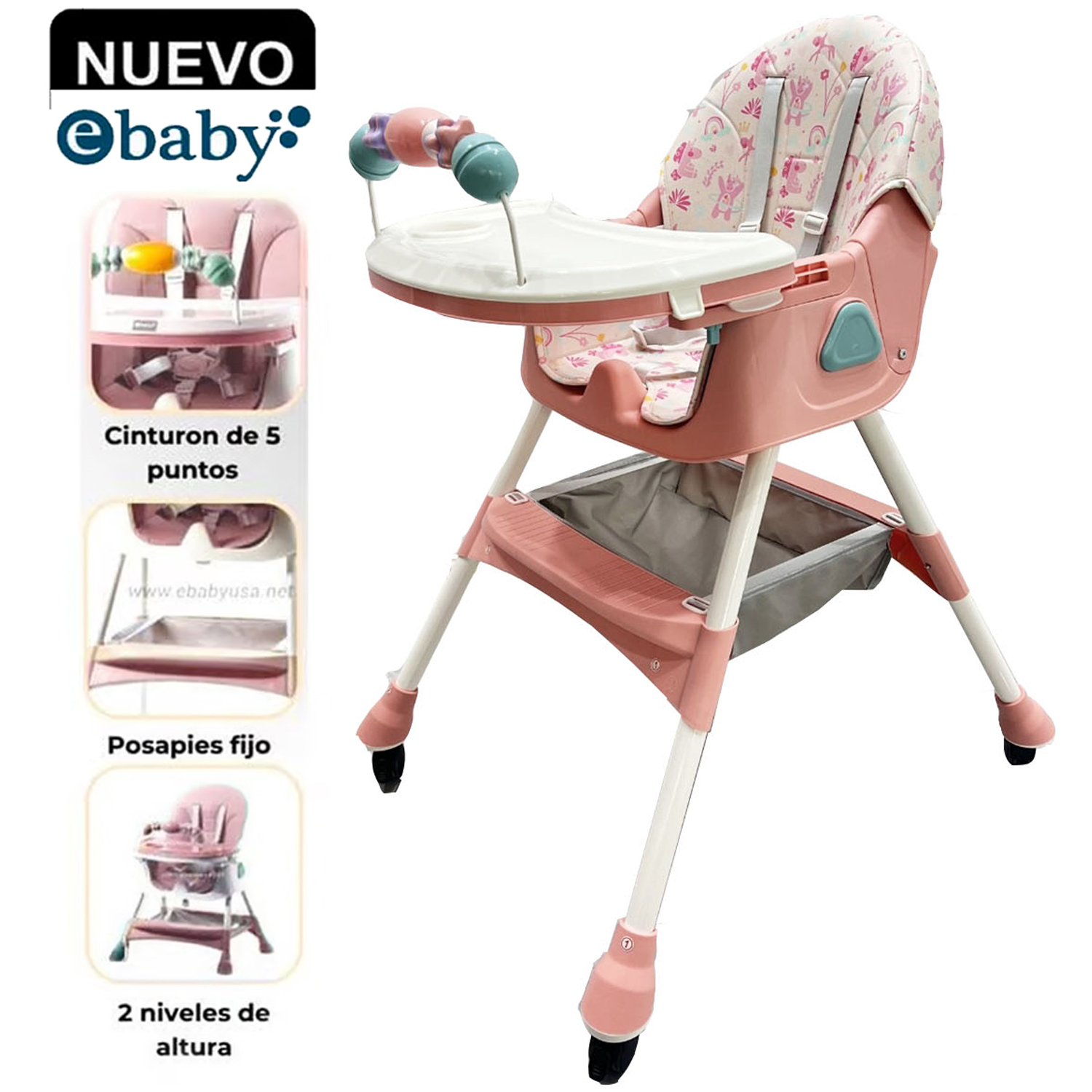 SILLA DE COMER PLEGABLE CON RUEDAS DOBLE BANDEJA LULU ROSADO - 1