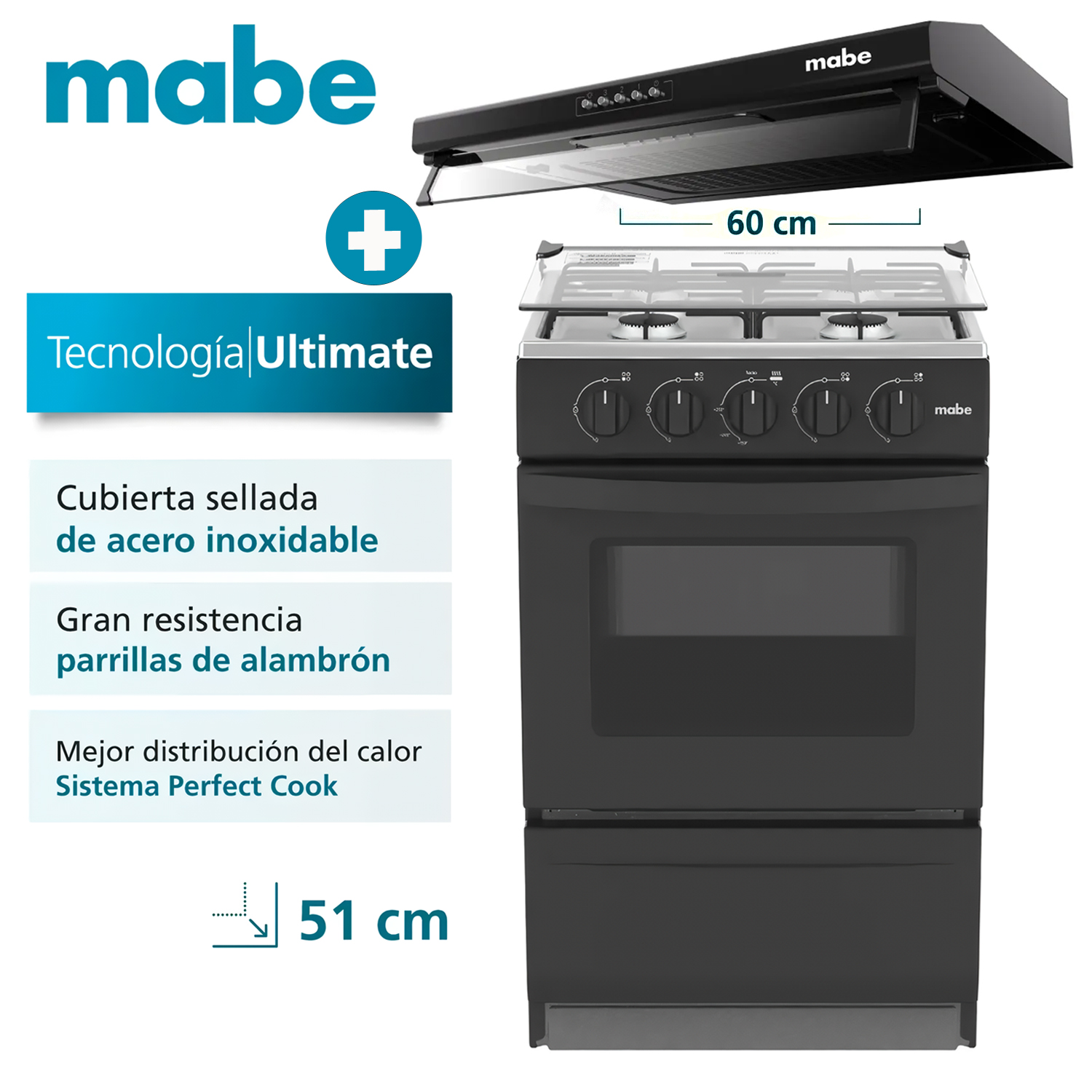 COCINA MABE DE PISO A GAS NEGRO EMP2000AN0 + CAMPANA CMU6020PB0 60 CM - 1