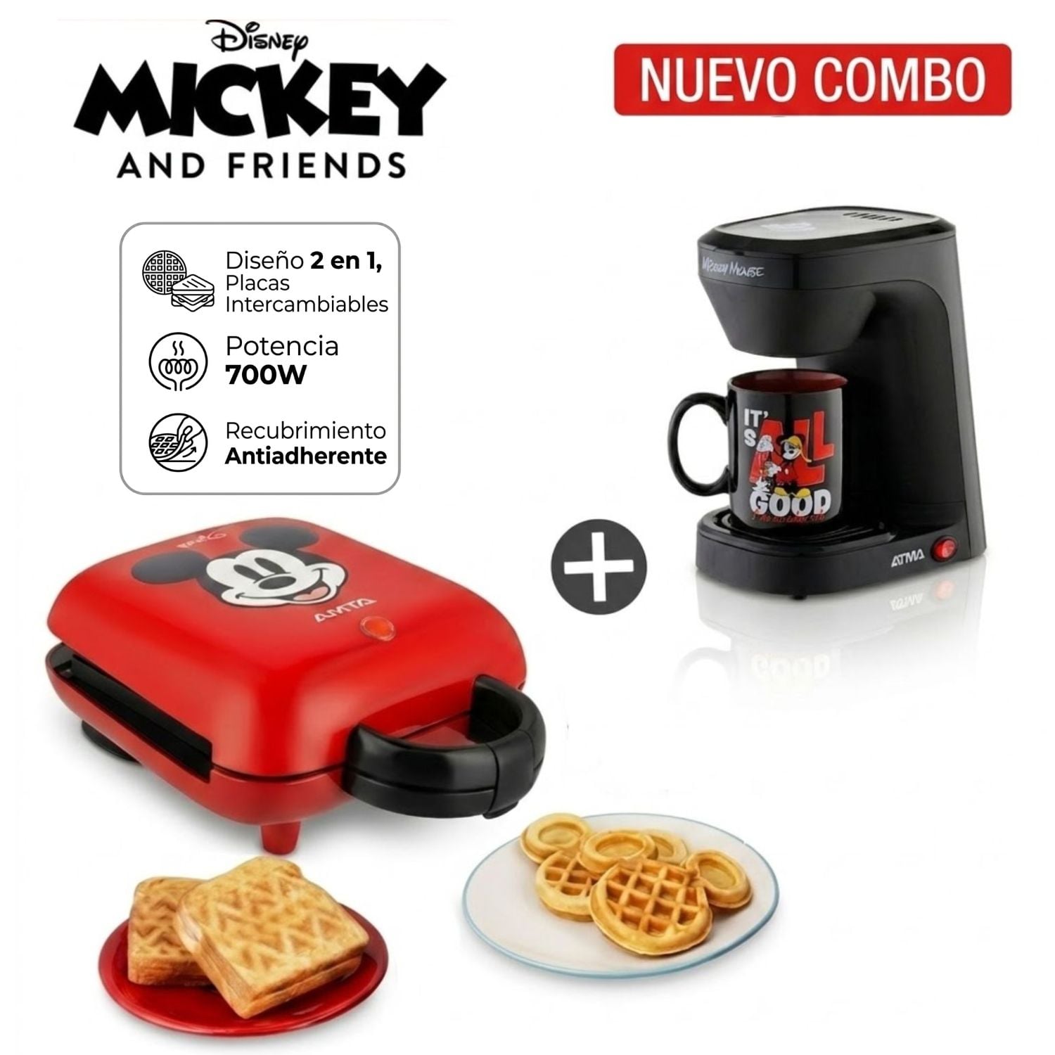 COMBO MICKEY WAFLERA SANDWICHERA ATMA + CAFETERA ELÉCTRICA ATMA CON TAZA DE MICKEY DISNEY - 1