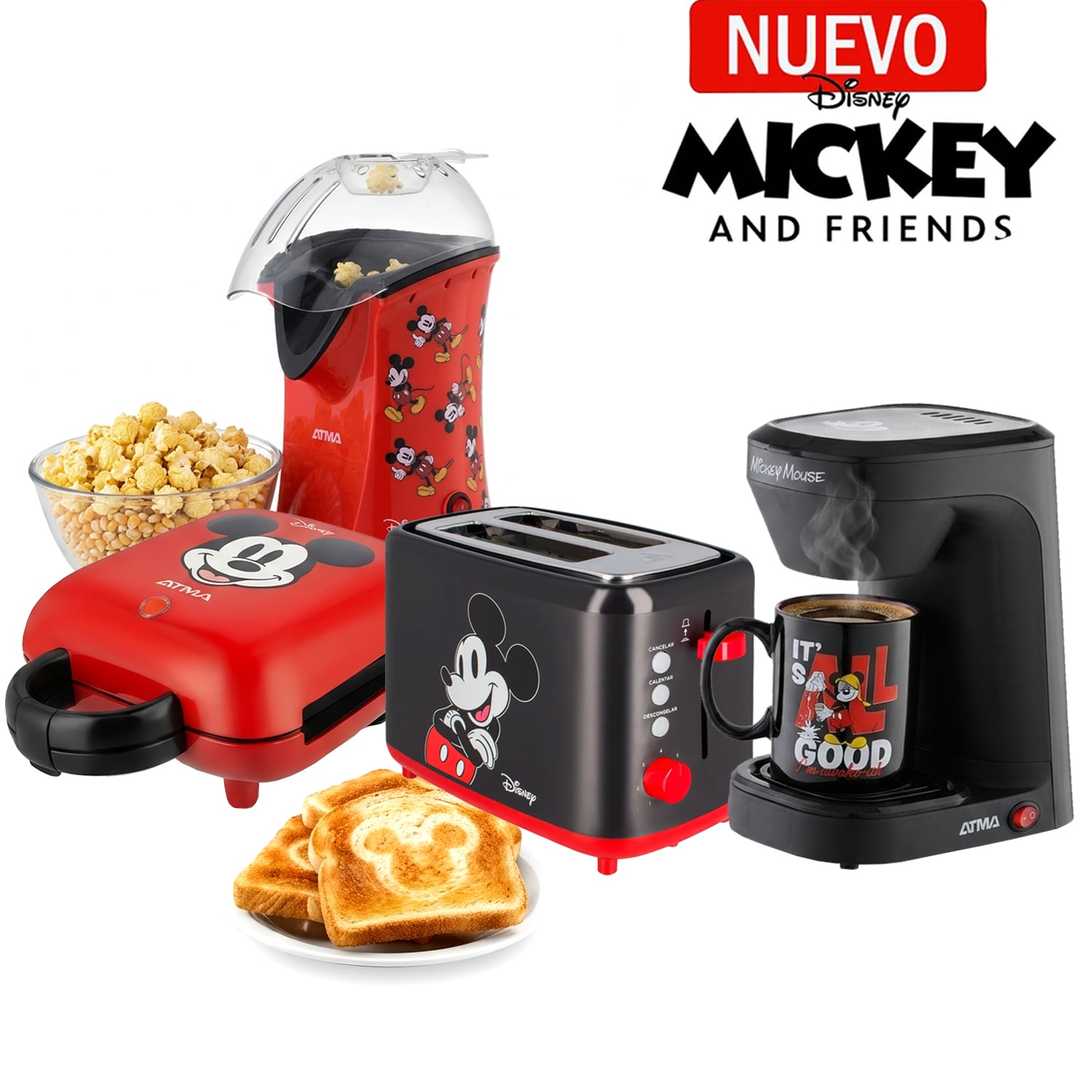 CUATRICOMBO ATMA WAFLERA SANDWICHERA +POP CORN MAKER +TOSTADORA +CAFETERA CON TAZA DE MICKEY - 1