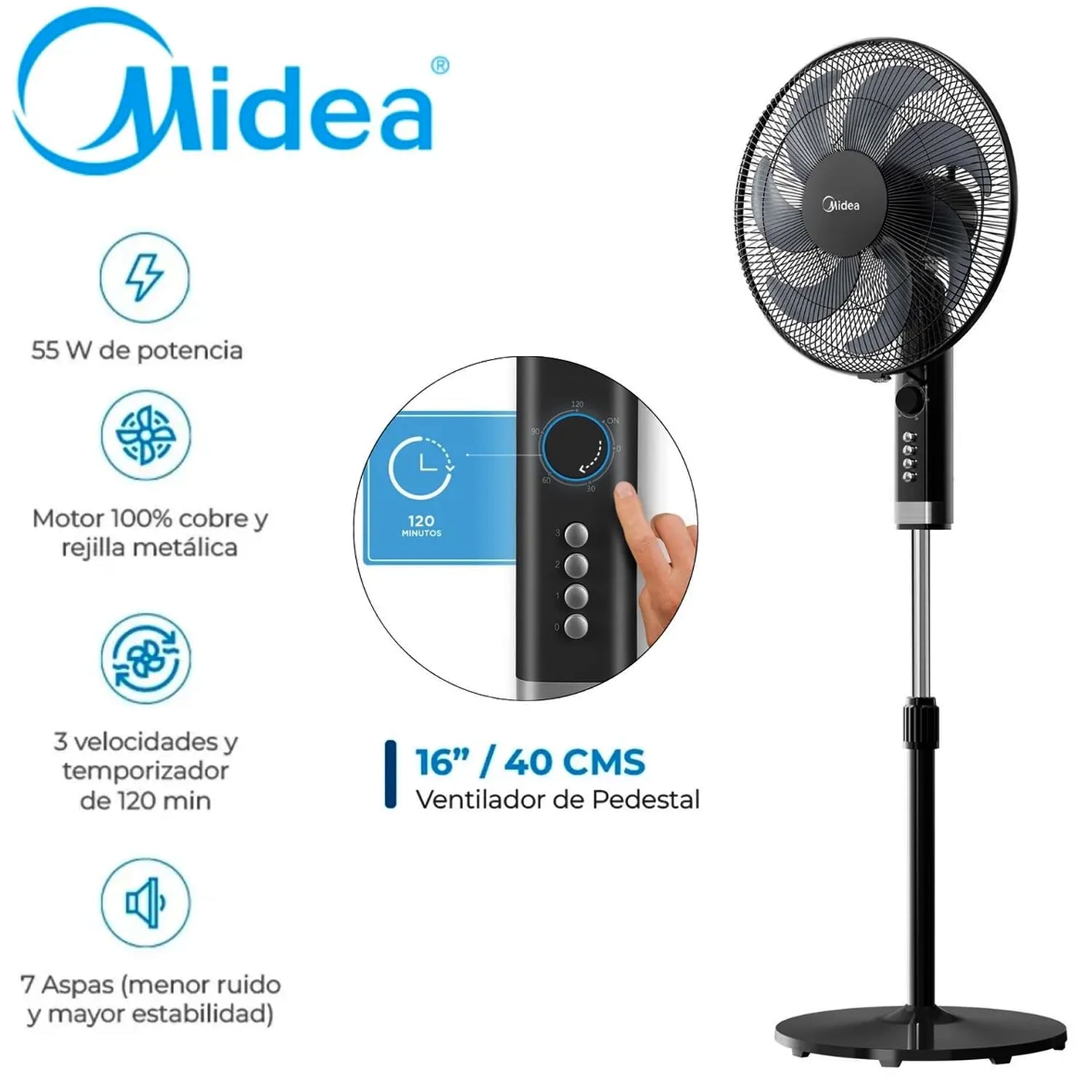 VENTILADOR CON TEMPORIZADOR 120 MIN MIDEA MFA164MB CON AIRE AMPLIFICADO 7 ASPAS - 1