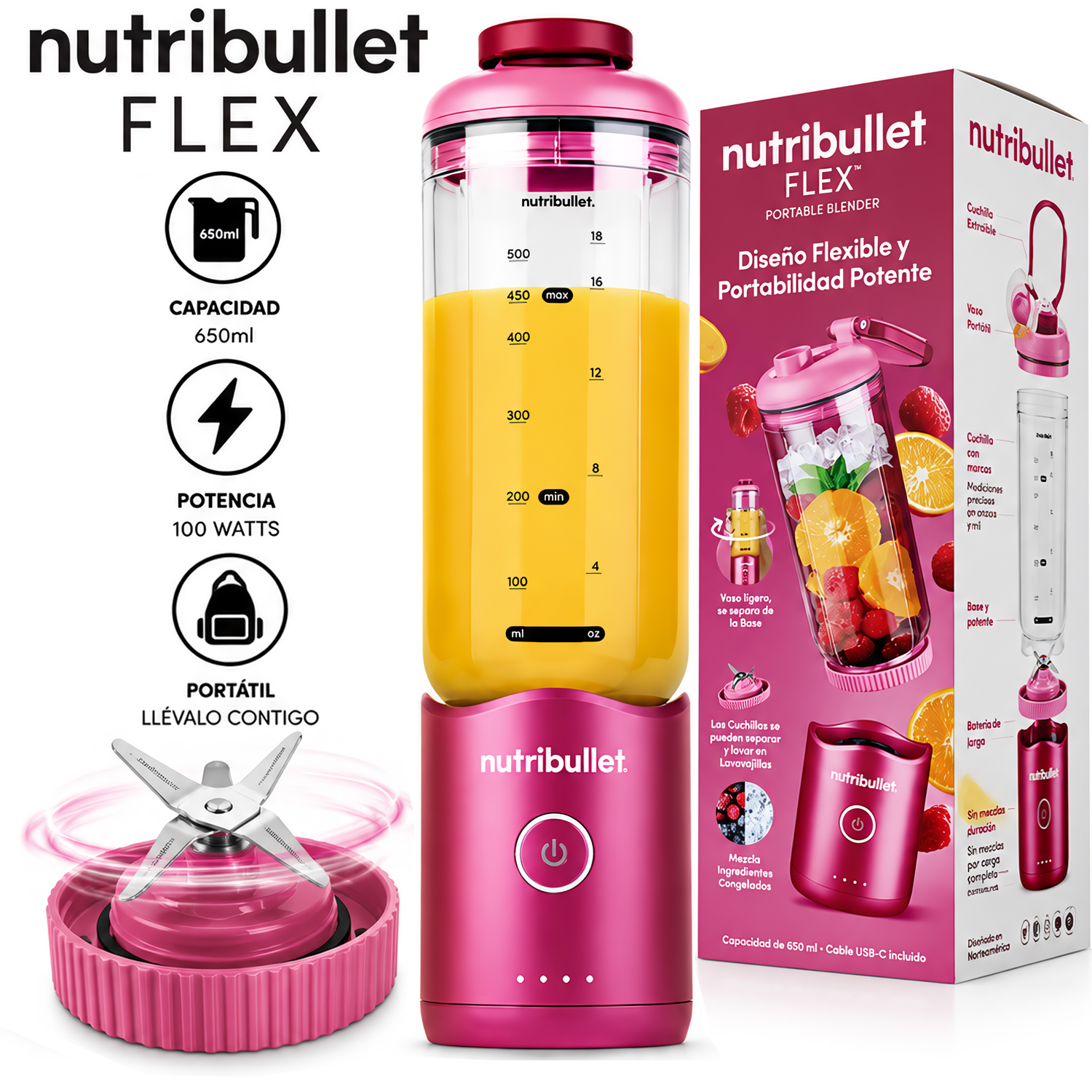 LICUADORA PORTÁTIL NUTRIBULLET FLEX 650 ML PARA SMOOTHIES Y BATIDOS FUCSIA - 1