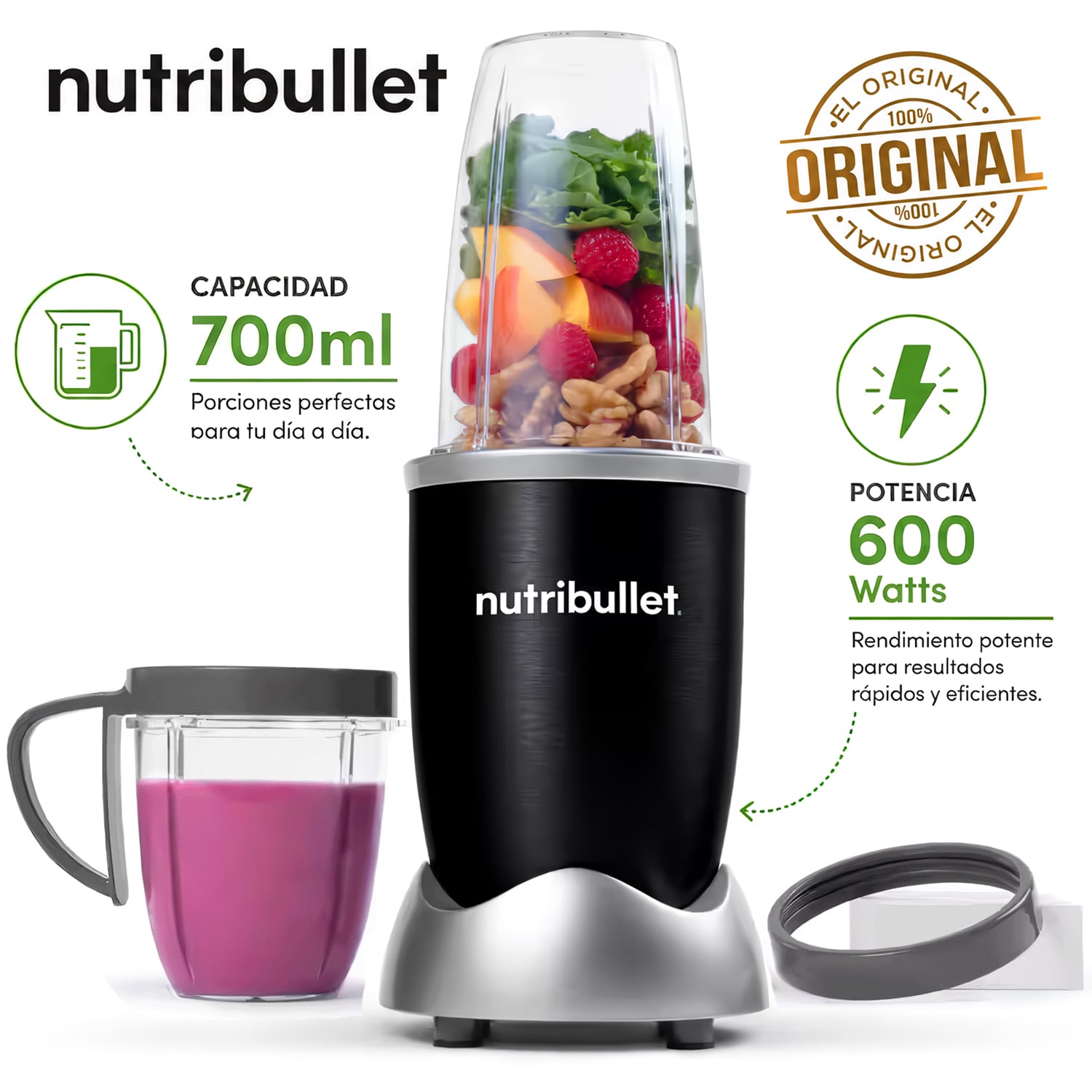 LICUADORA PORTÁTIL NUTRIBULLET 600 PARA SMOOTHIES Y BATIDOS 700ML NEGRO - 1