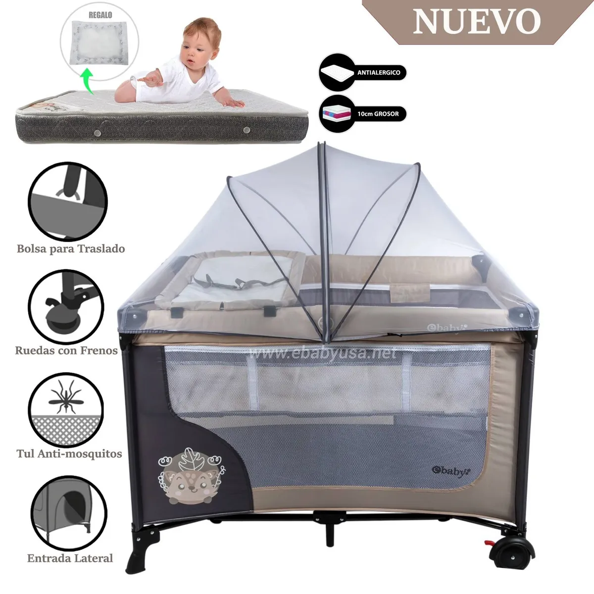 CUNA CORRAL EBABY CON CAMBIADOR HAPPY DREAM BEIGE +COLCHÓN - 1