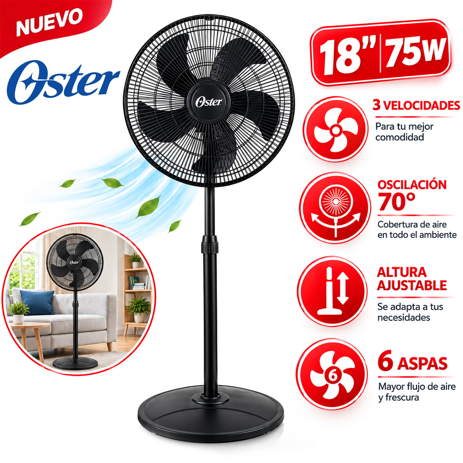 VENTILADOR OSTER DE PEDESTAL 18' 75 WATTS 3 VELOCIDADES EOSVELIST1631 - 1
