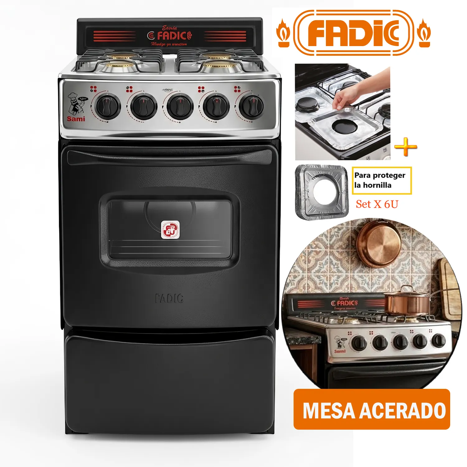 COCINA FADIC CON RESPALDAR Y HORNO 20 SAMI 4H NEGRO +PROTECTOR - 1