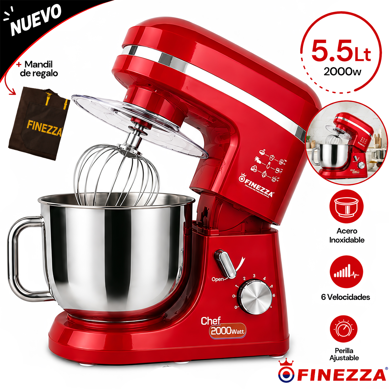 BATIDORA ELÉCTRICA ORBITAL FINEZZA 2000W 5.5L FZ-6818B ROJO - 1
