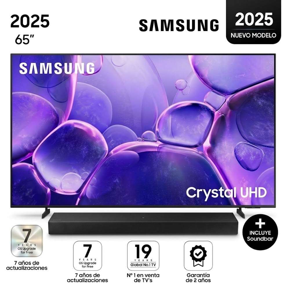 TELEVISOR SAMSUNG 65 CRYSTAL UHD UN65U8000FGXPE SMART TV 2025 + SOUNDBAR B400F - 1