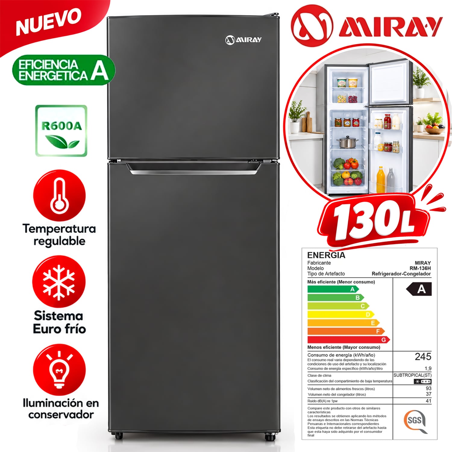 REFRIGERADORA MIRAY RM-136H BLACK EURO FRÍO 130L - 1