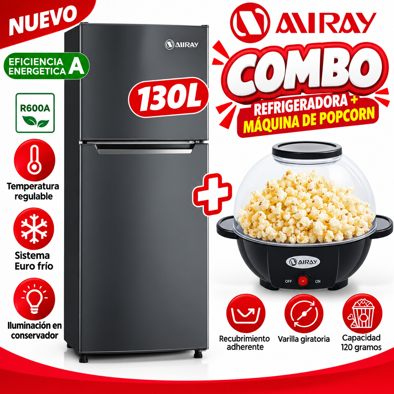 COMBO MIRAY REFRIGERADORA RM-136H  130L + MÁQUINA POP CORN - 1